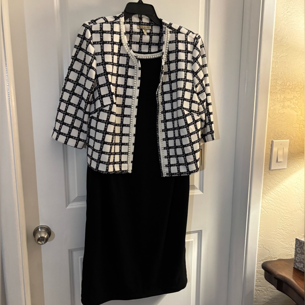 Maya Brooke Black Sheath Dress Set with White Grid Cropped Jacket sz 16W NWT